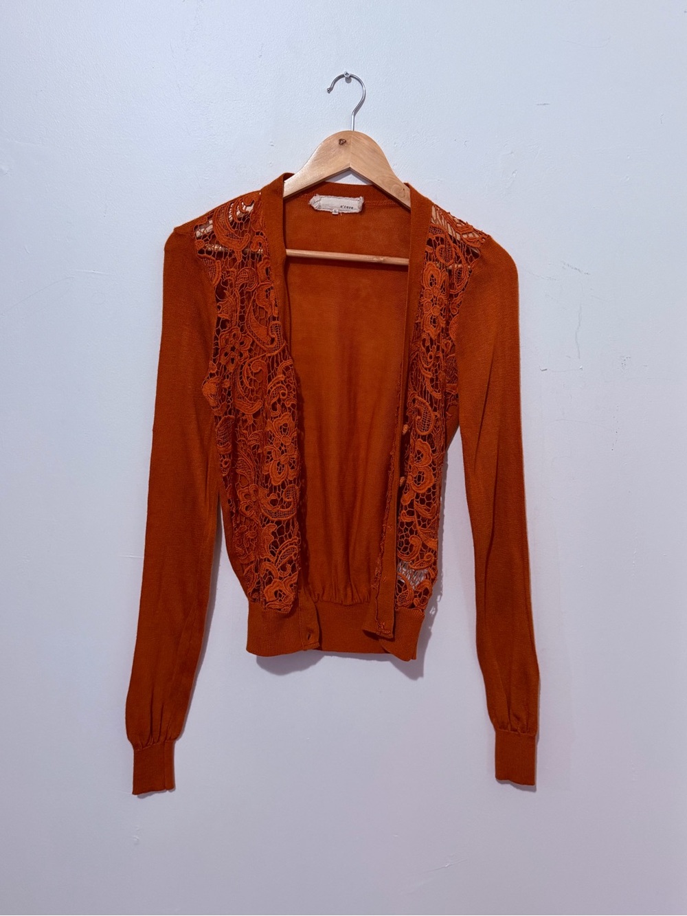 Areve Burnt Orange Lace-Trim Open Cardigan